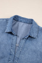 Raw Hem Collared Neck Short Sleeve Denim Dress - Delanoir