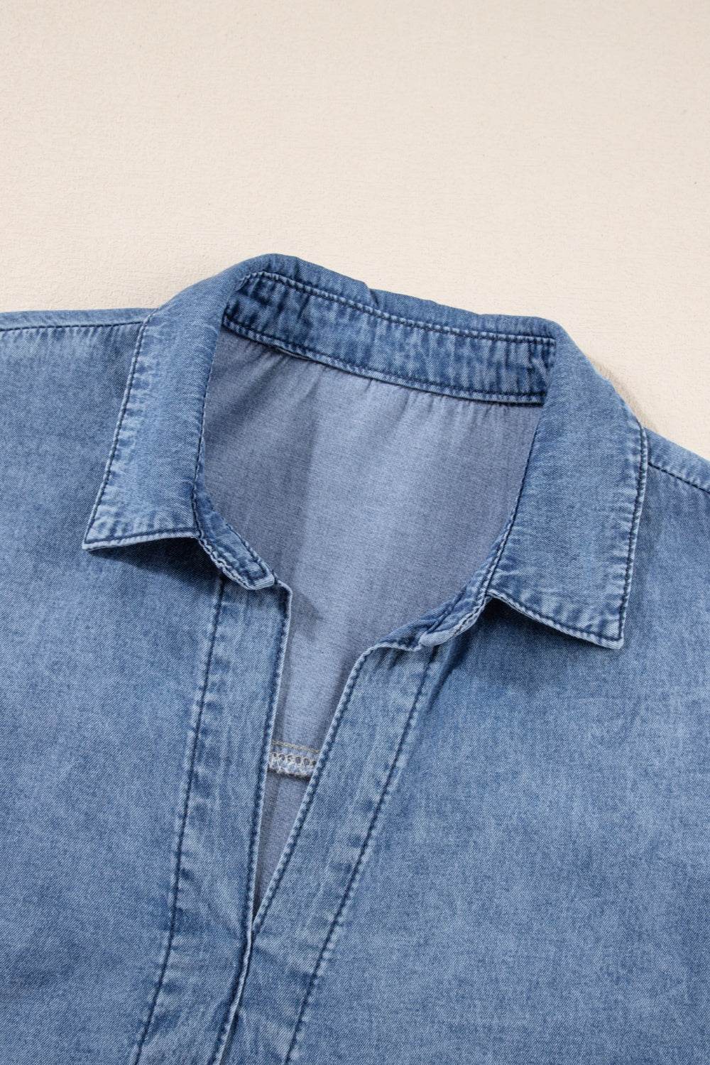 Raw Hem Collared Neck Short Sleeve Denim Dress - Delanoir