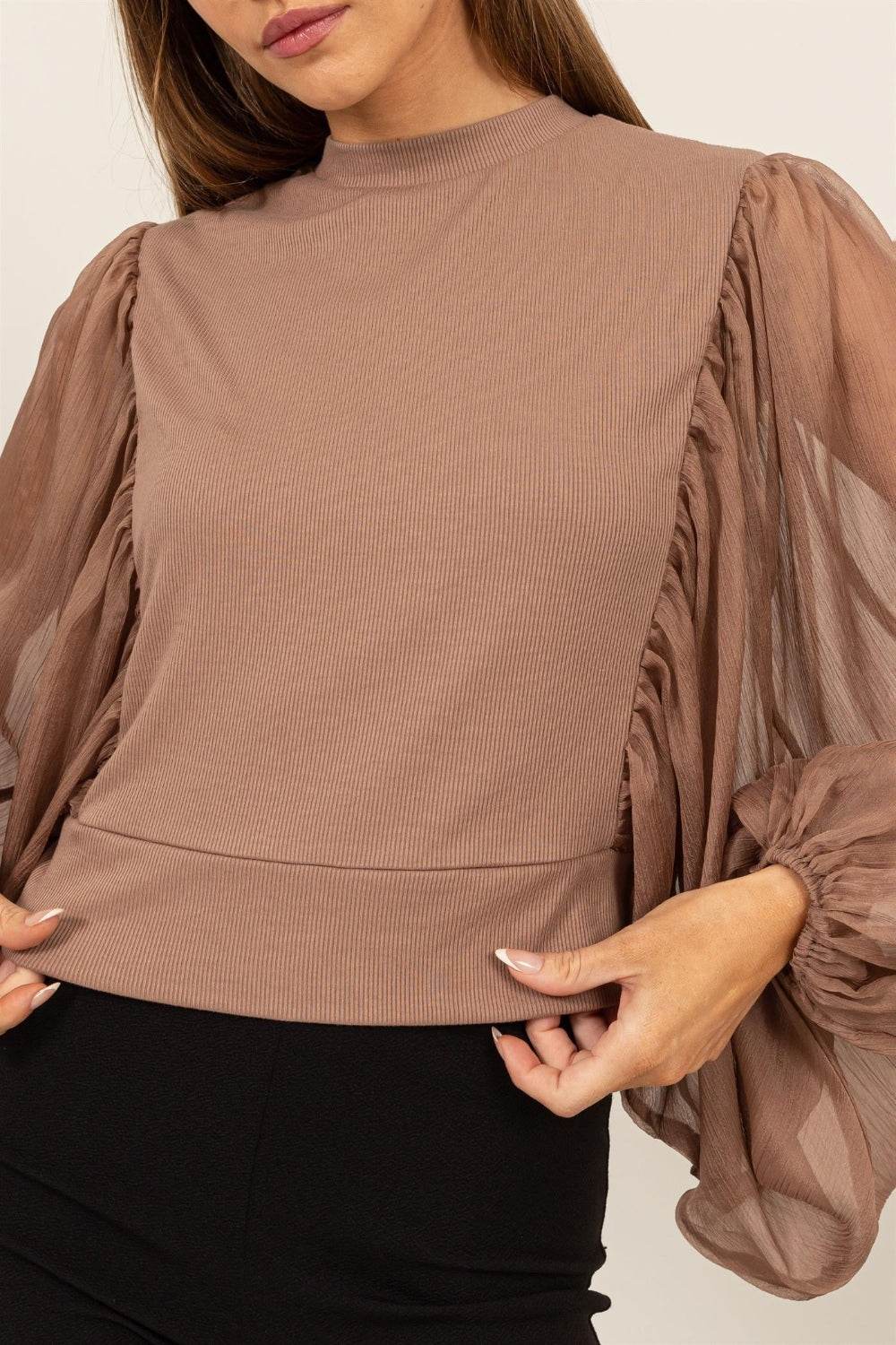 HYFVE Ruched Sheer Long Sleeve Mock Neck Blouse - Delanoir