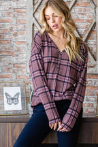 Heimish Full Size Plaid V-Neck Long Sleeve Top - Delanoir