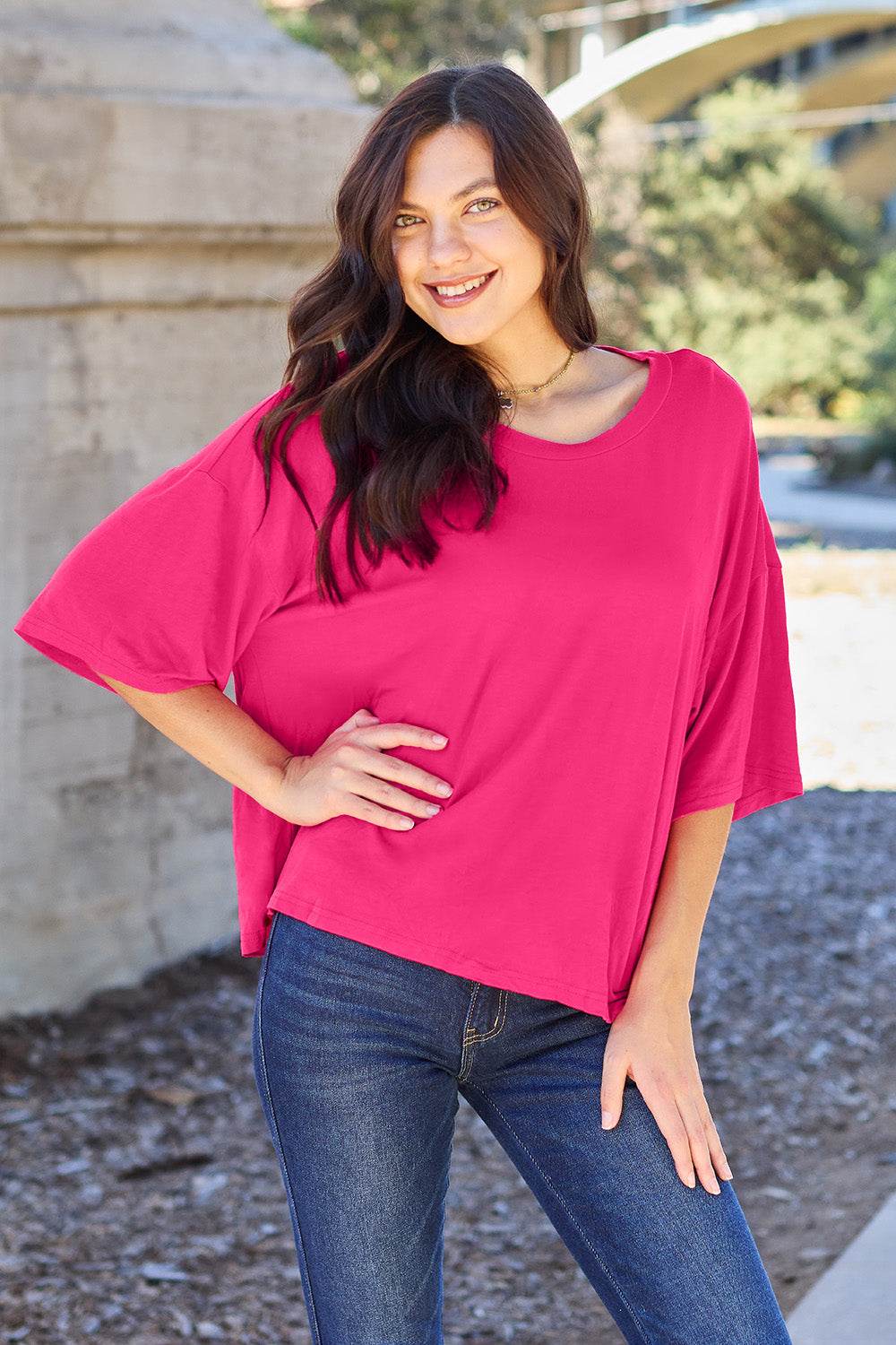 Basic Bae Full Size Round Neck Drop Shoulder T-Shirt - Delanoir