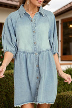 Raw Hem Snap Down Half Sleeve Denim Dress - Delanoir