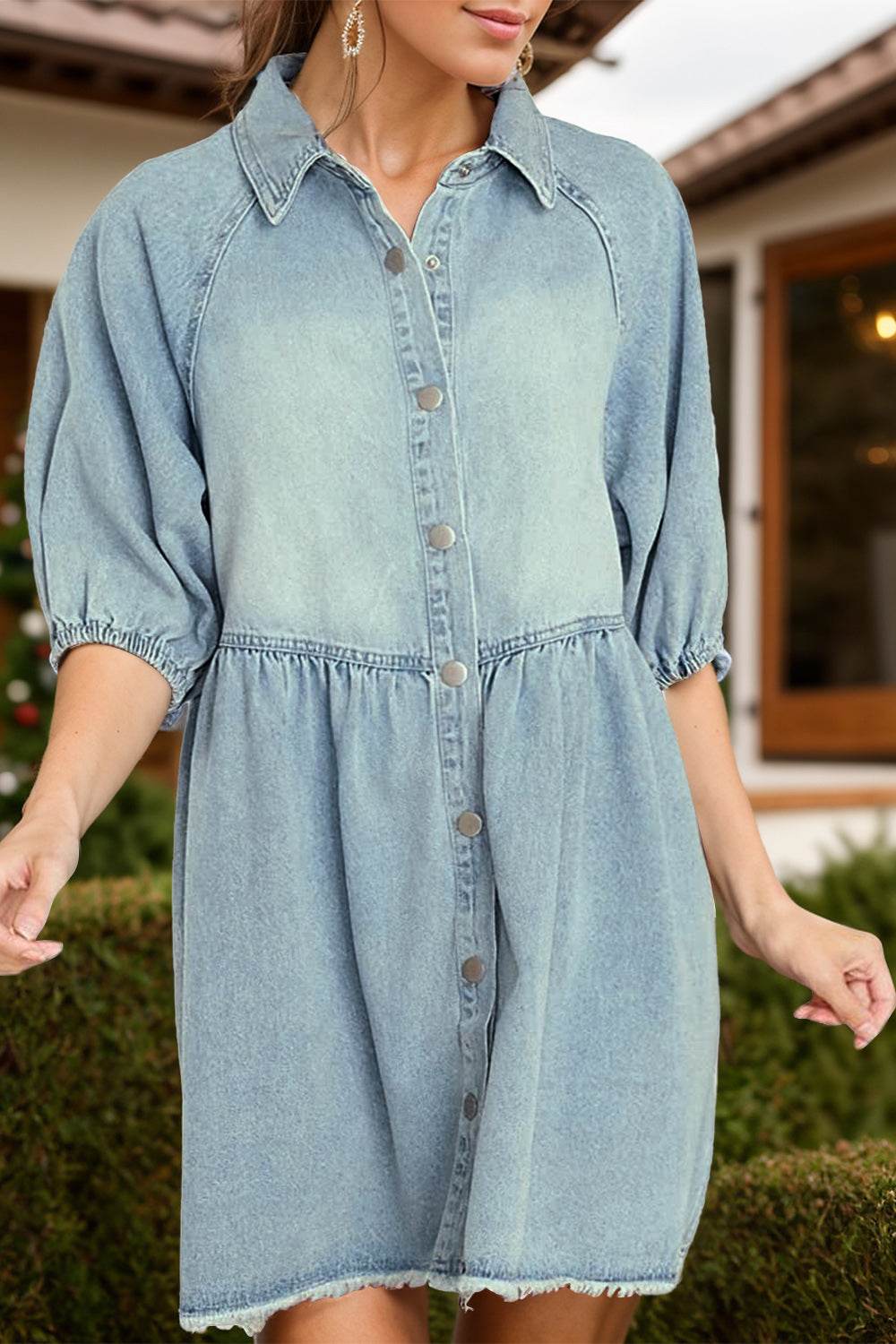 Raw Hem Snap Down Half Sleeve Denim Dress - Delanoir