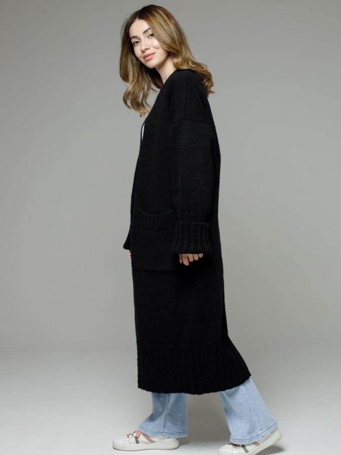 Pocketed Open Front Dropped Shoulder Cardigan - Delanoir