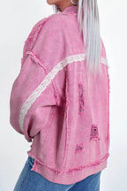 Lace Detail Distressed Raw Hem Long Sleeve Denim Jacket - Delanoir