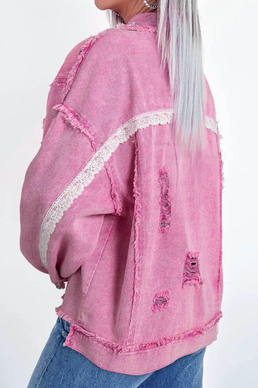Lace Detail Distressed Raw Hem Long Sleeve Denim Jacket - Delanoir