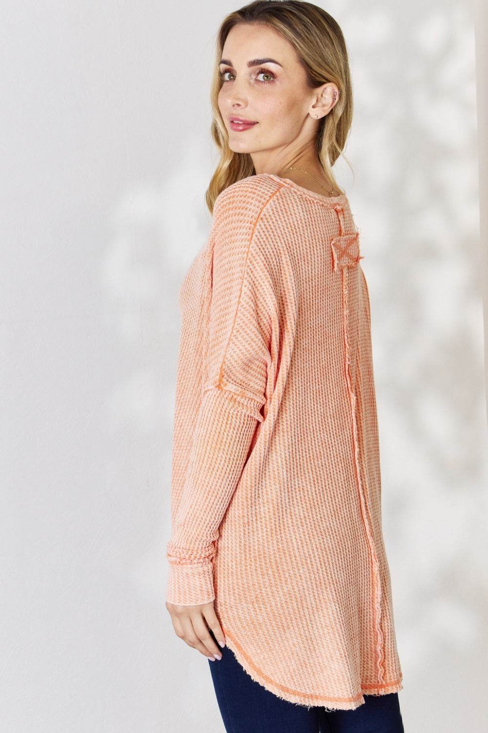 Zenana Oversized Washed Waffle Long Sleeve Top - Delanoir