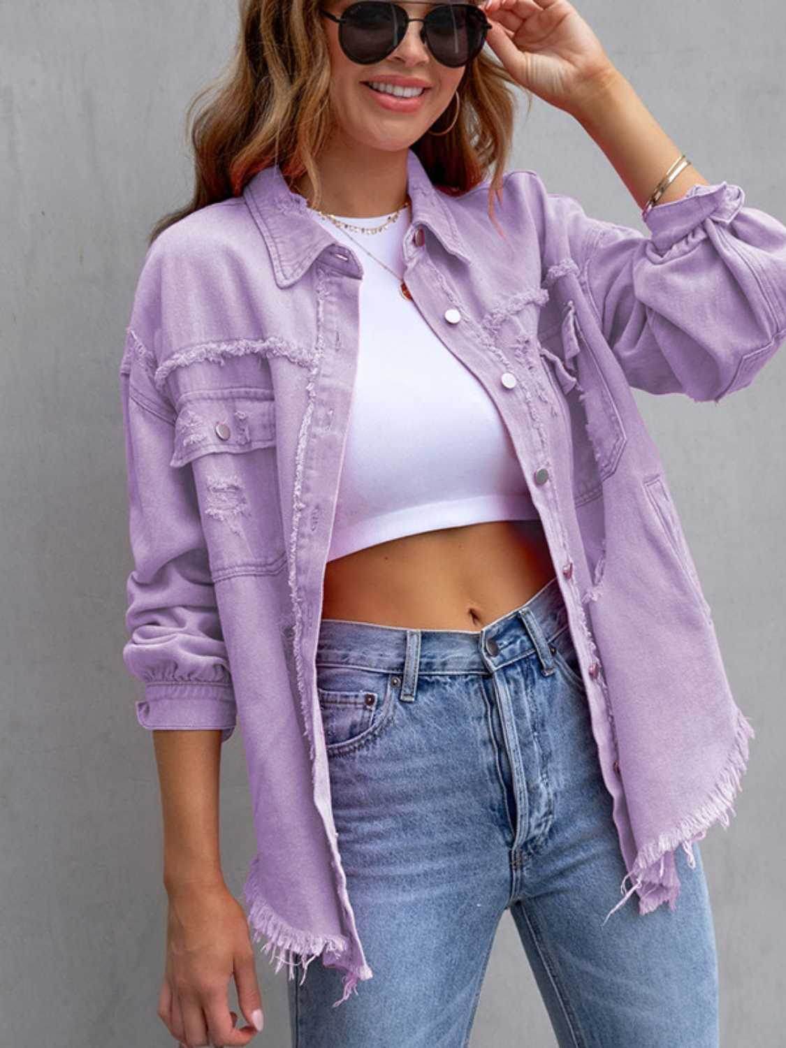 Distressed Drop Shoulder Denim Jacket - Delanoir