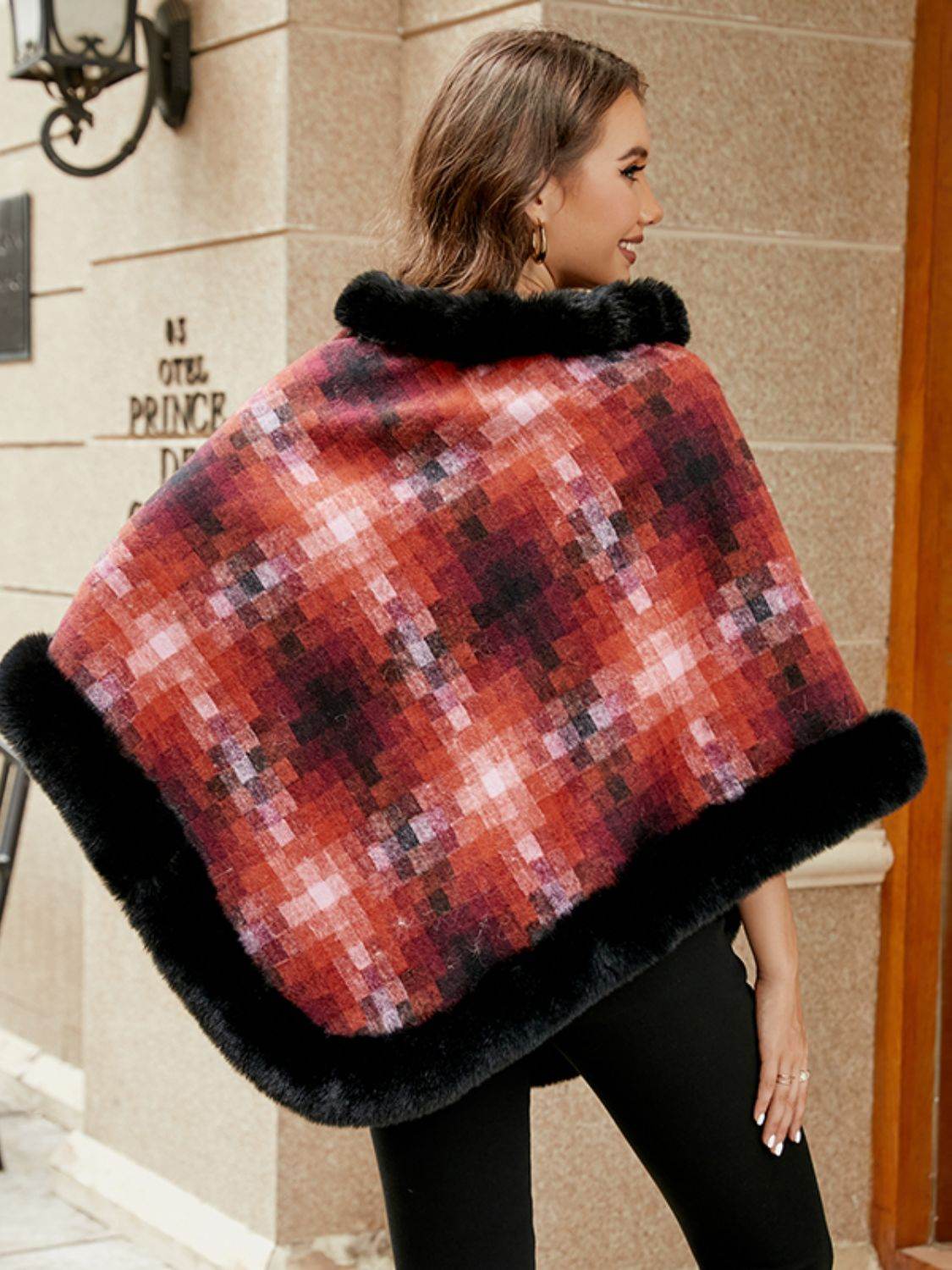 Faux Fur Trim Poncho - Delanoir