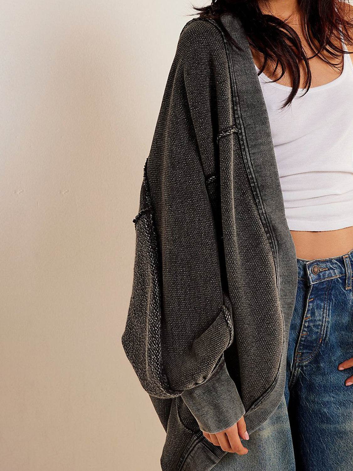 Exposed Seam Open Front Batwing Sleeve Hooded Cardigan - Delanoir