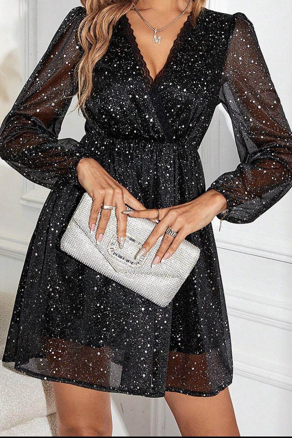 Glitter Surplice Long Sleeve Mini Dress - Delanoir