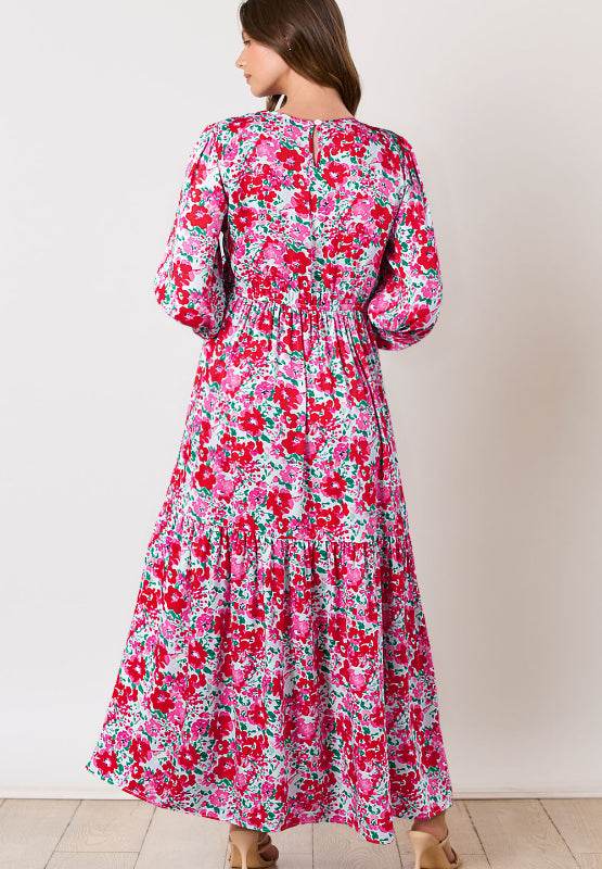 Printed Round Neck Lantern Sleeve Maxi Dress - Delanoir