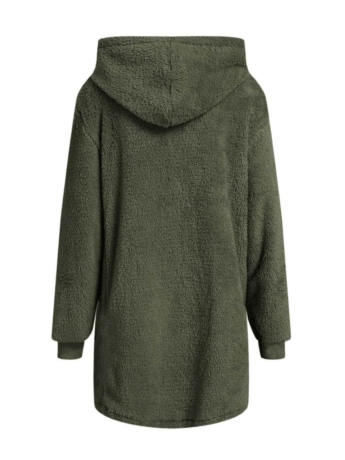 Fuzzy Pocketed Zip Up Long Sleeve Hooded Jacket - Delanoir