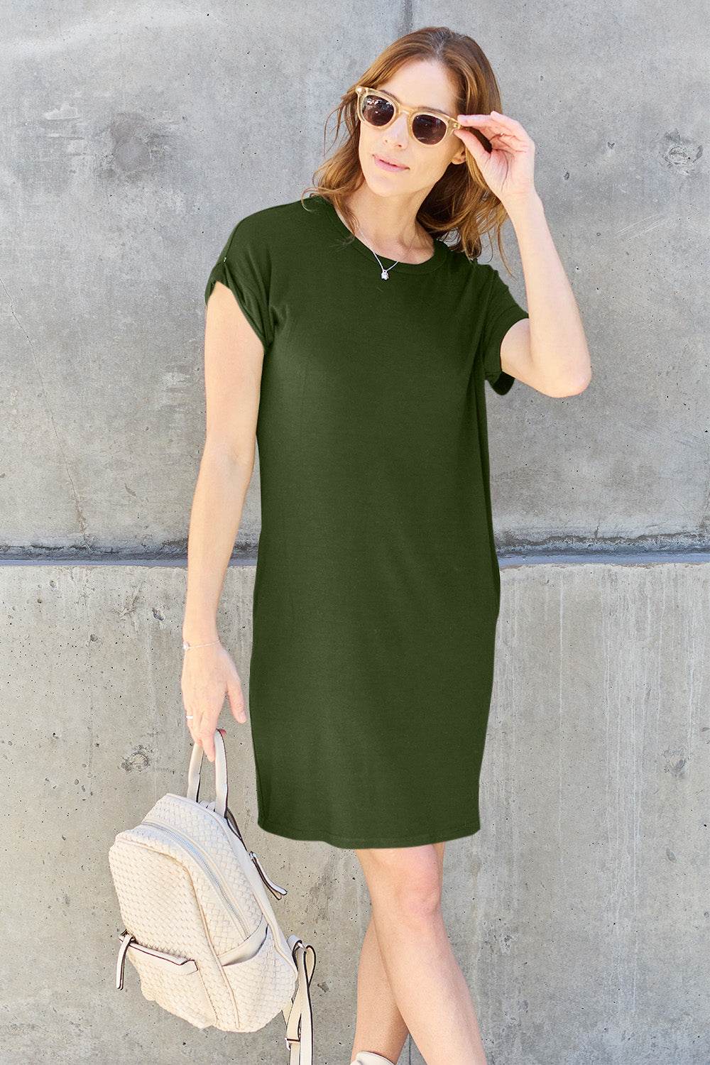 Basic Bae Full Size Round Neck Short Sleeve Dress with Pockets - Delanoir