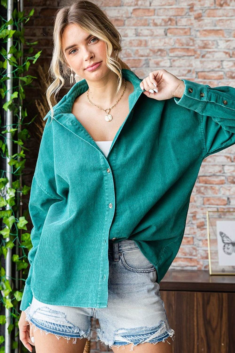 First Love Washed Corduroy Button Down Long Sleeve Shirt - Delanoir