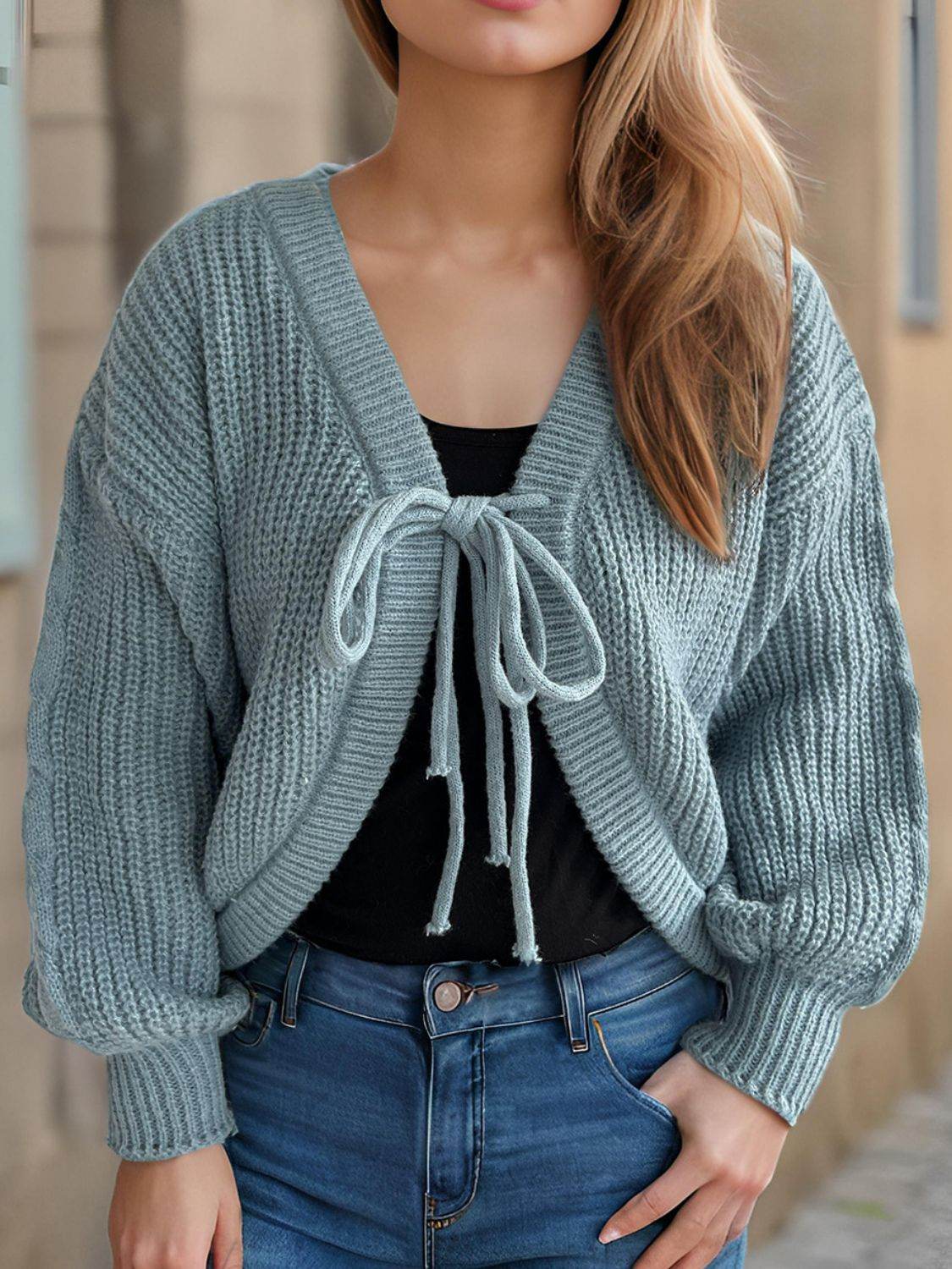 Tied Dropped Shoulder Long Sleeve Cardigan - Delanoir