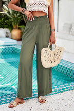 Devine Smocked Wide Leg Pants with Pockets - Delanoir