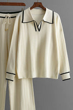 Contrast Trim Johnny Collar Top and Drawstring Pants Sweater Set - Delanoir