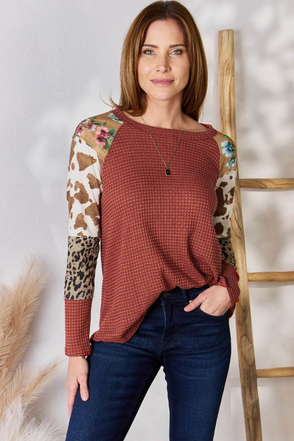 Hailey & Co Full Size Leopard Waffle-Knit Blouse - Delanoir