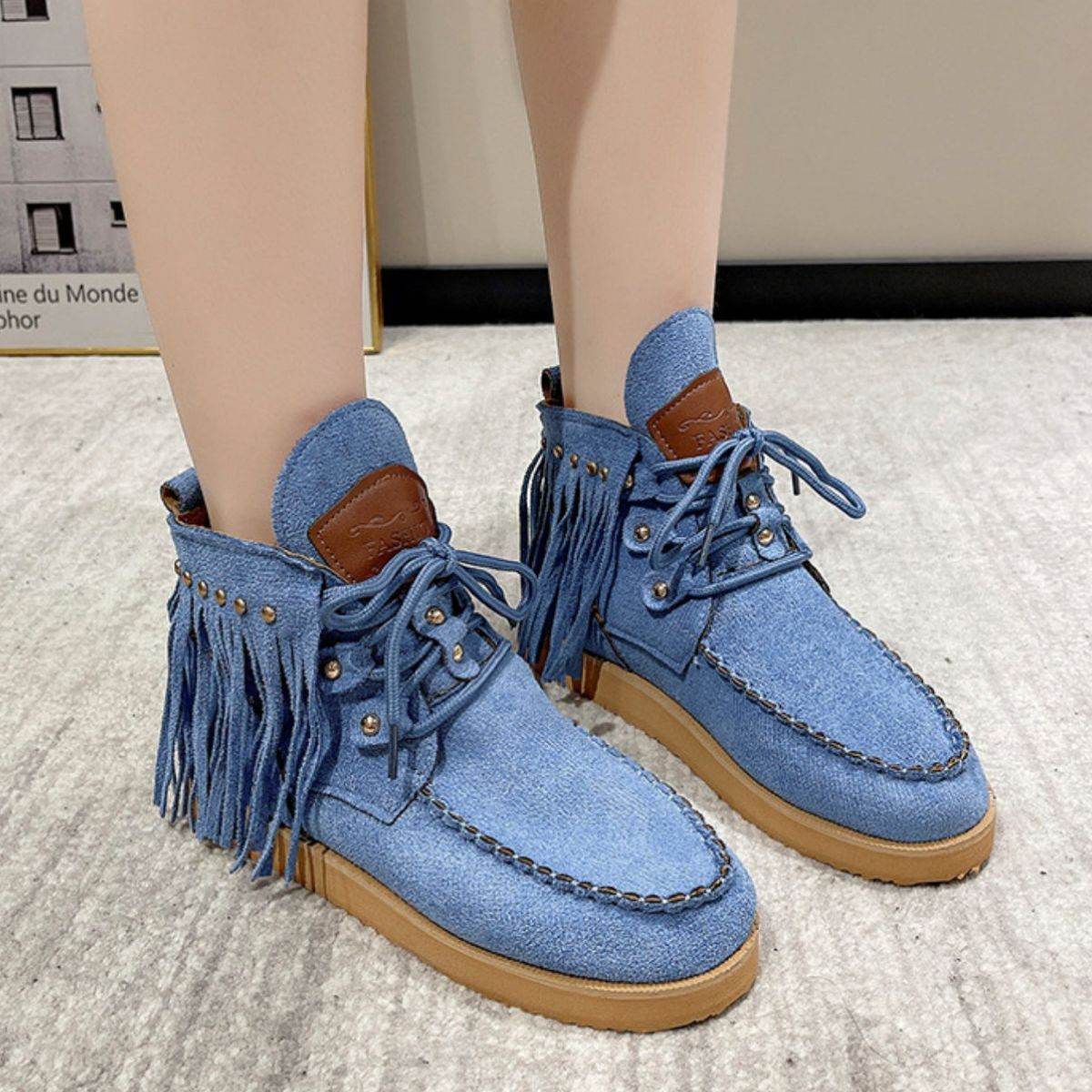 Fringe Studded Round Toe Canvas Boots - Delanoir