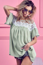 BiBi Lace Detail Short Sleeve Striped Blouse - Delanoir