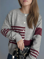 Striped Color Block Round Neck Cardigan - Delanoir