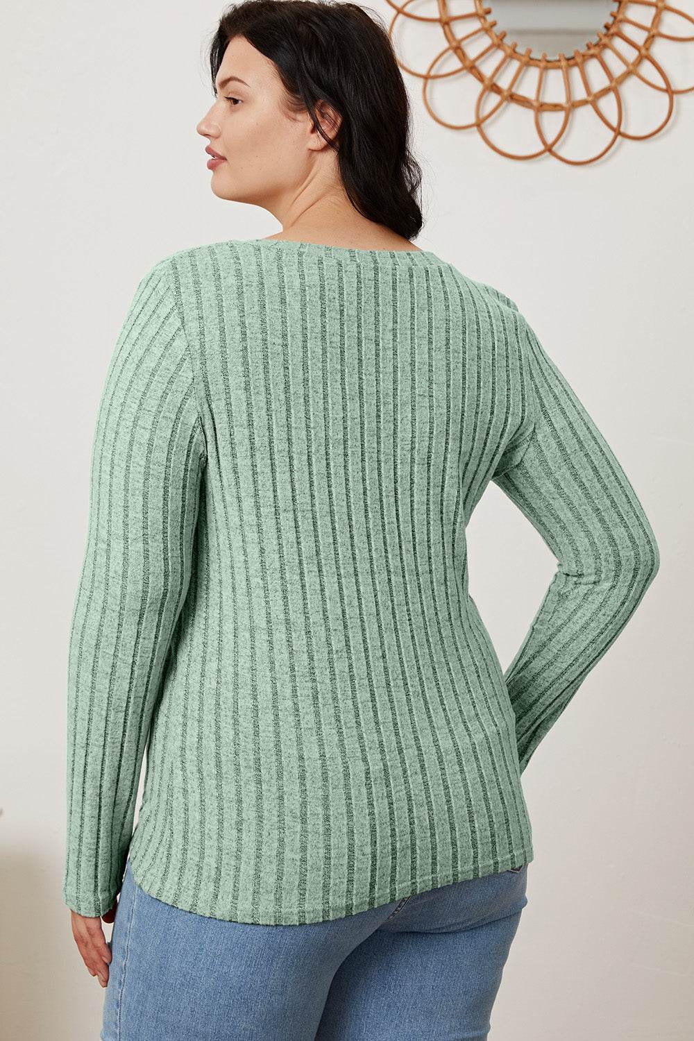 Basic Bae Full Size Ribbed V-Neck Long Sleeve T-Shirt - Delanoir