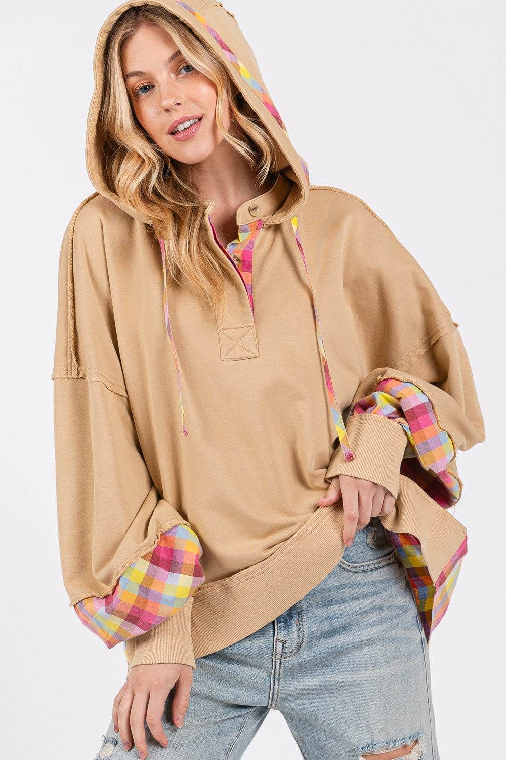 SAGE + FIG Full Size Plaid Print Washed Hoodie - Delanoir