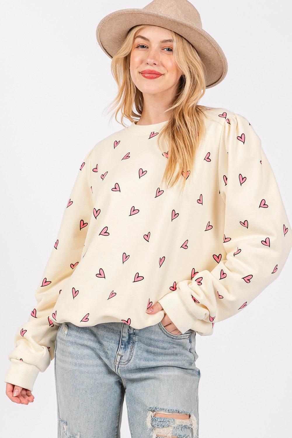 SAGE + FIG Heart Printed Contrast Long Sleeve Sweatshirt - Delanoir