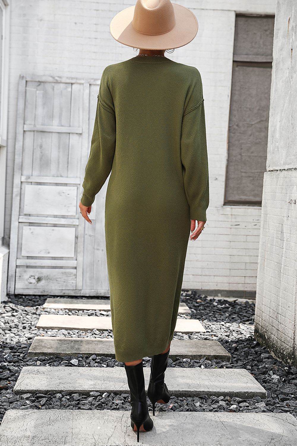 Decorative Button Notched Dropped Shoulder Sweater Dress - Delanoir