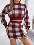 Plaid Round Neck Top and Skirt Sweater Set - Delanoir