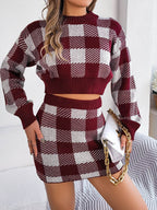 Plaid Round Neck Top and Skirt Sweater Set - Delanoir