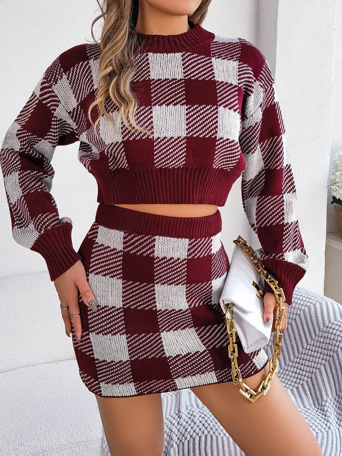 Plaid Round Neck Top and Skirt Sweater Set - Delanoir