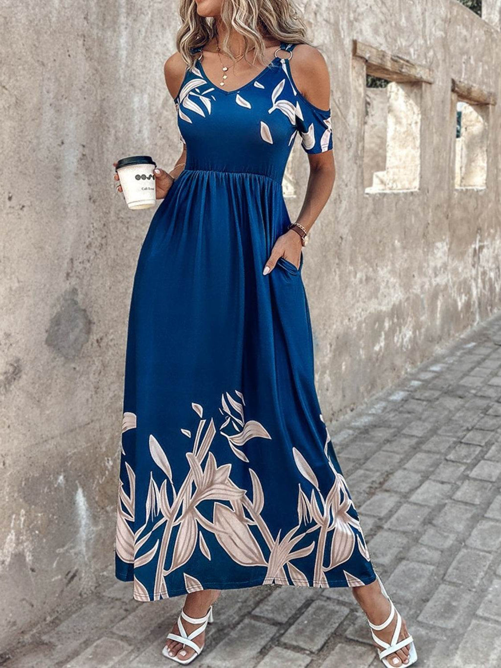 Printed Cold Shoulder Short Sleeve Maxi Dress - Delanoir