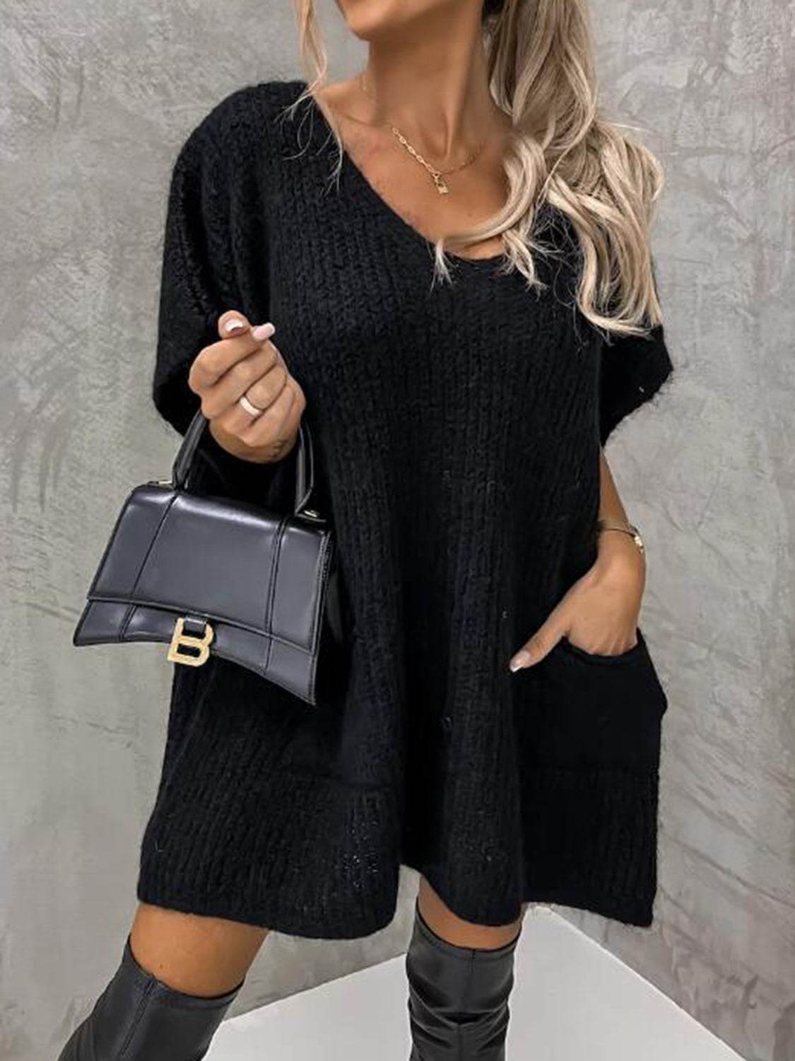 Short Sleeve Sweater Dress with Pockets - Delanoir