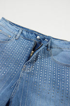 Rhinestone High Waist Denim Shorts - Delanoir