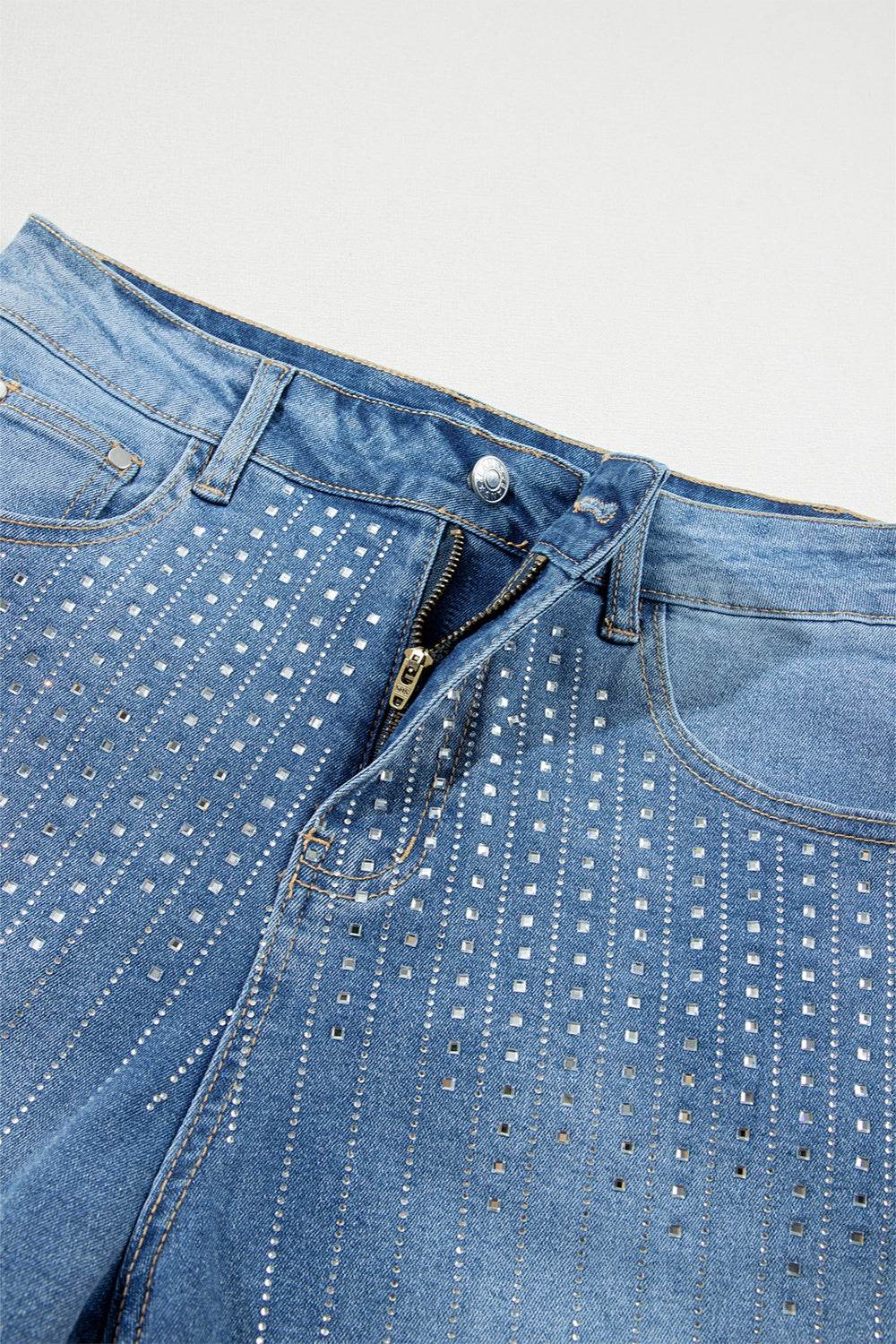Rhinestone High Waist Denim Shorts - Delanoir