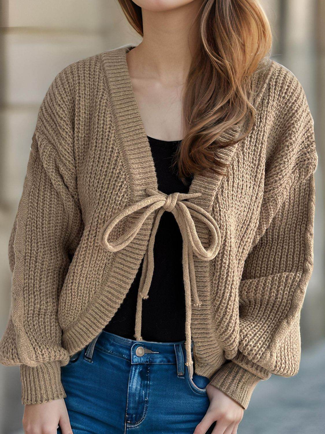 Tied Dropped Shoulder Long Sleeve Cardigan - Delanoir