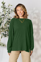 Basic Bae Full Size Ribbed Round Neck Slit Knit Top - Delanoir