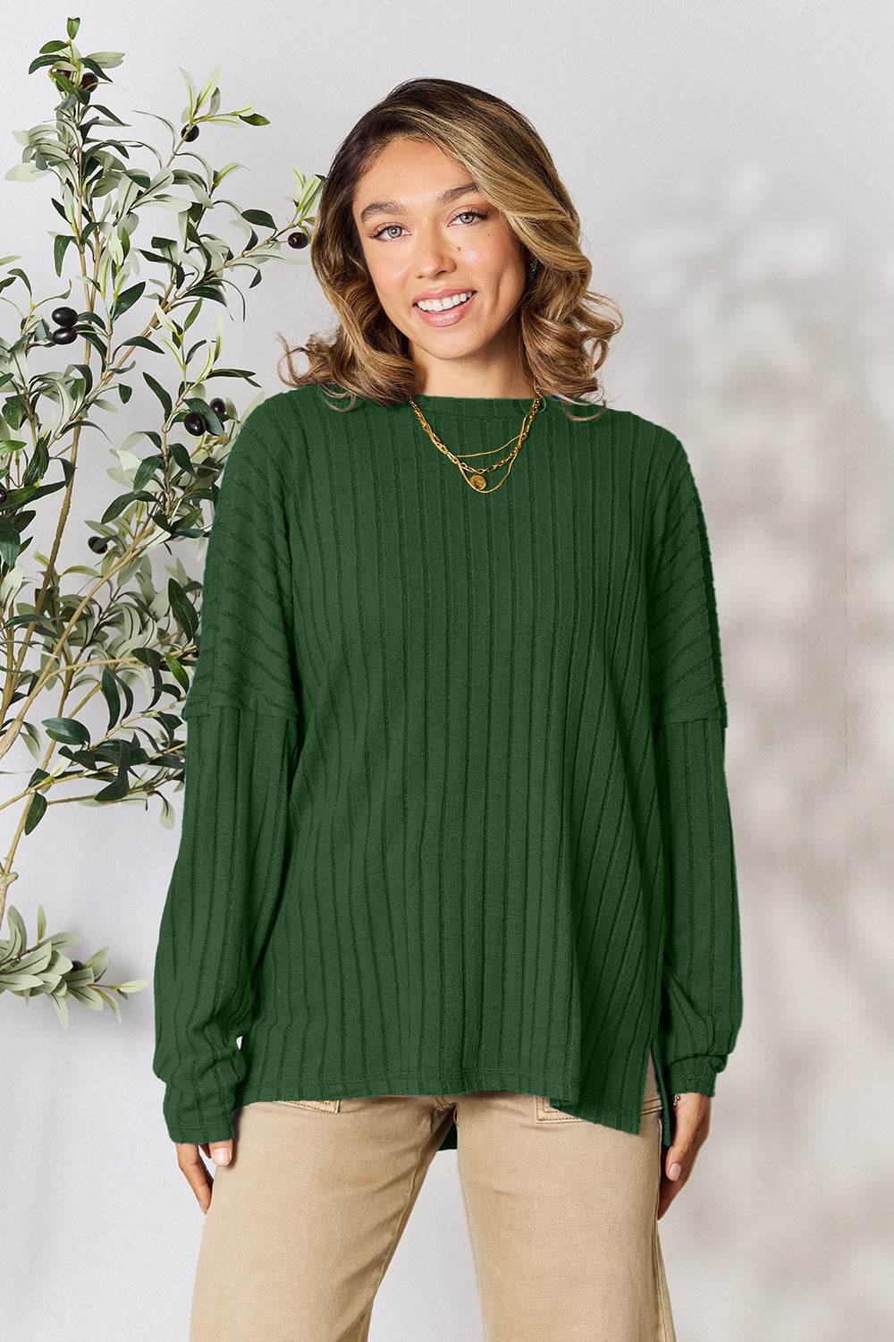 Basic Bae Full Size Ribbed Round Neck Slit Knit Top - Delanoir