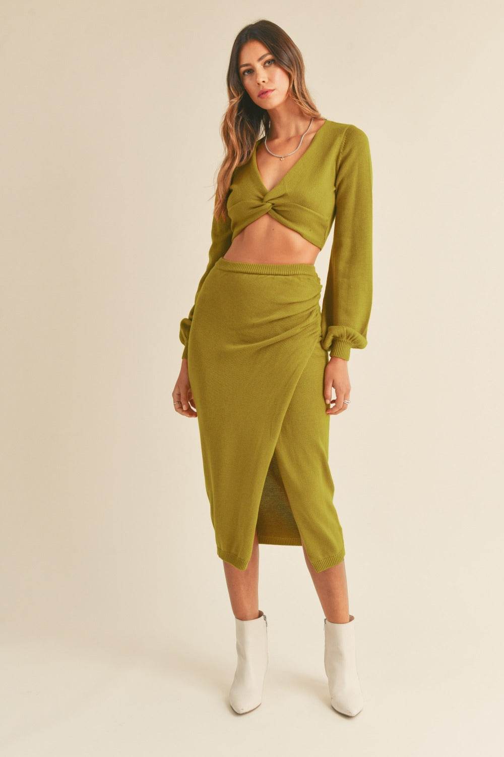 MABLE Front Twisted Knit Top and Midi Skirt Set - Delanoir