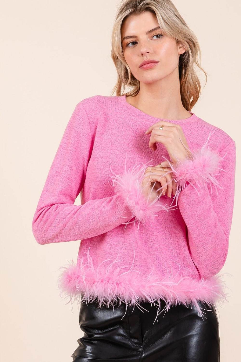 Mittoshop Feather Trim Long Sleeve Crop Hacci Knit Top - Delanoir