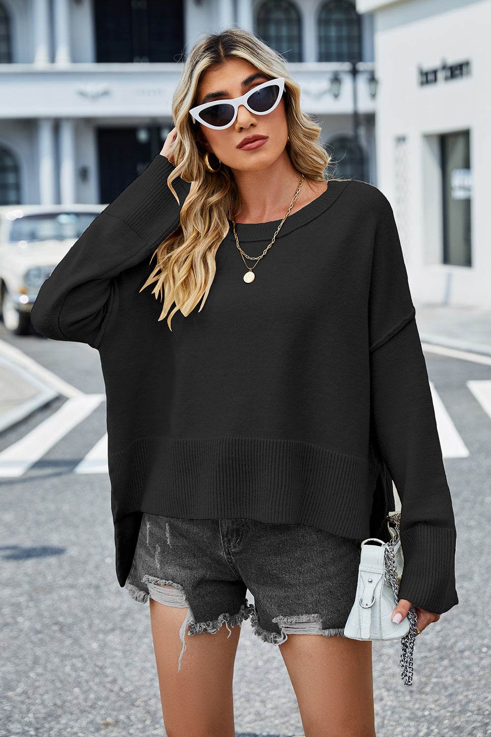 High-Low Slit Round Neck Long Sleeve Sweater - Delanoir