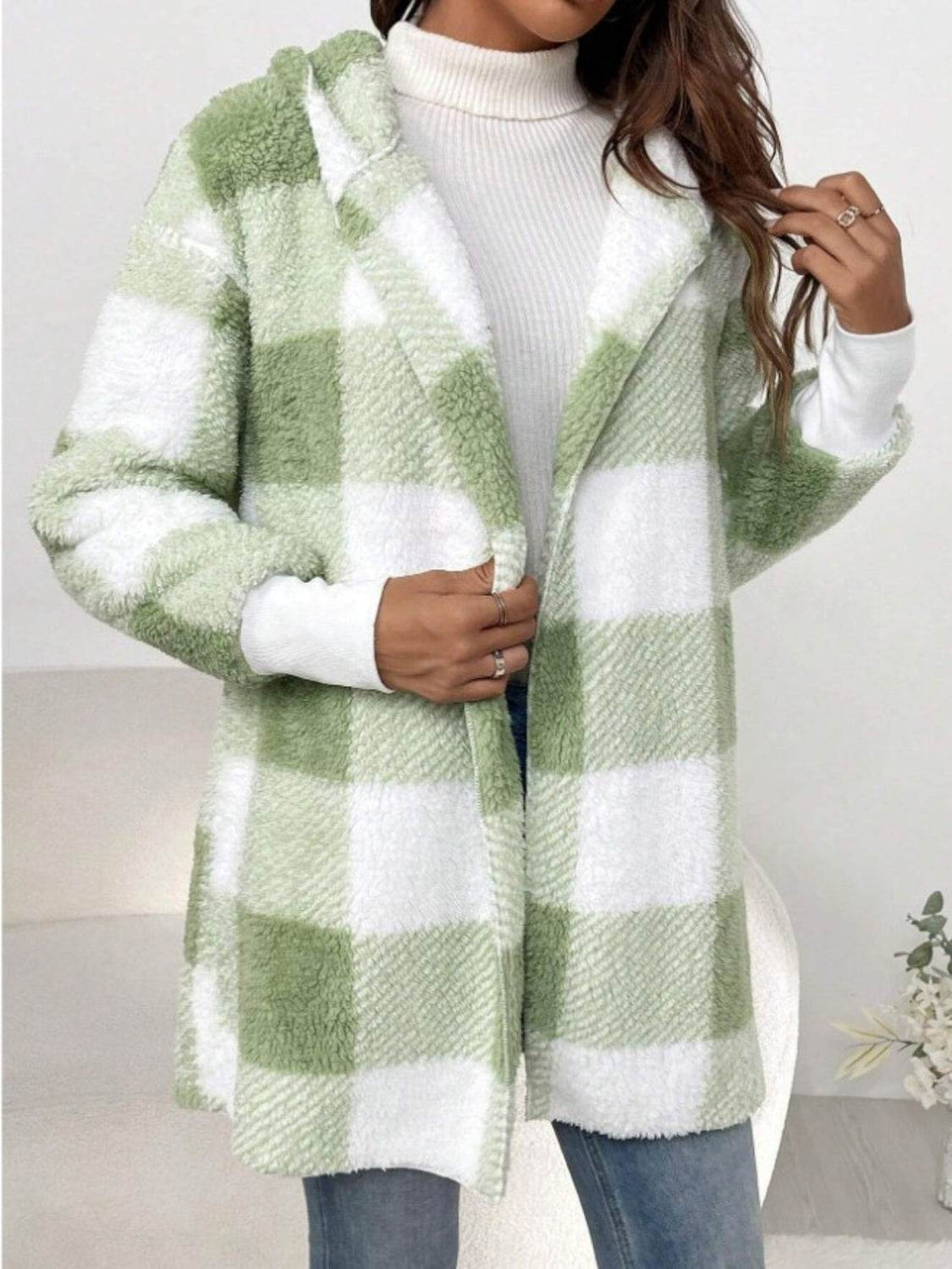 Plaid Long Sleeve Hooded Coat - Delanoir