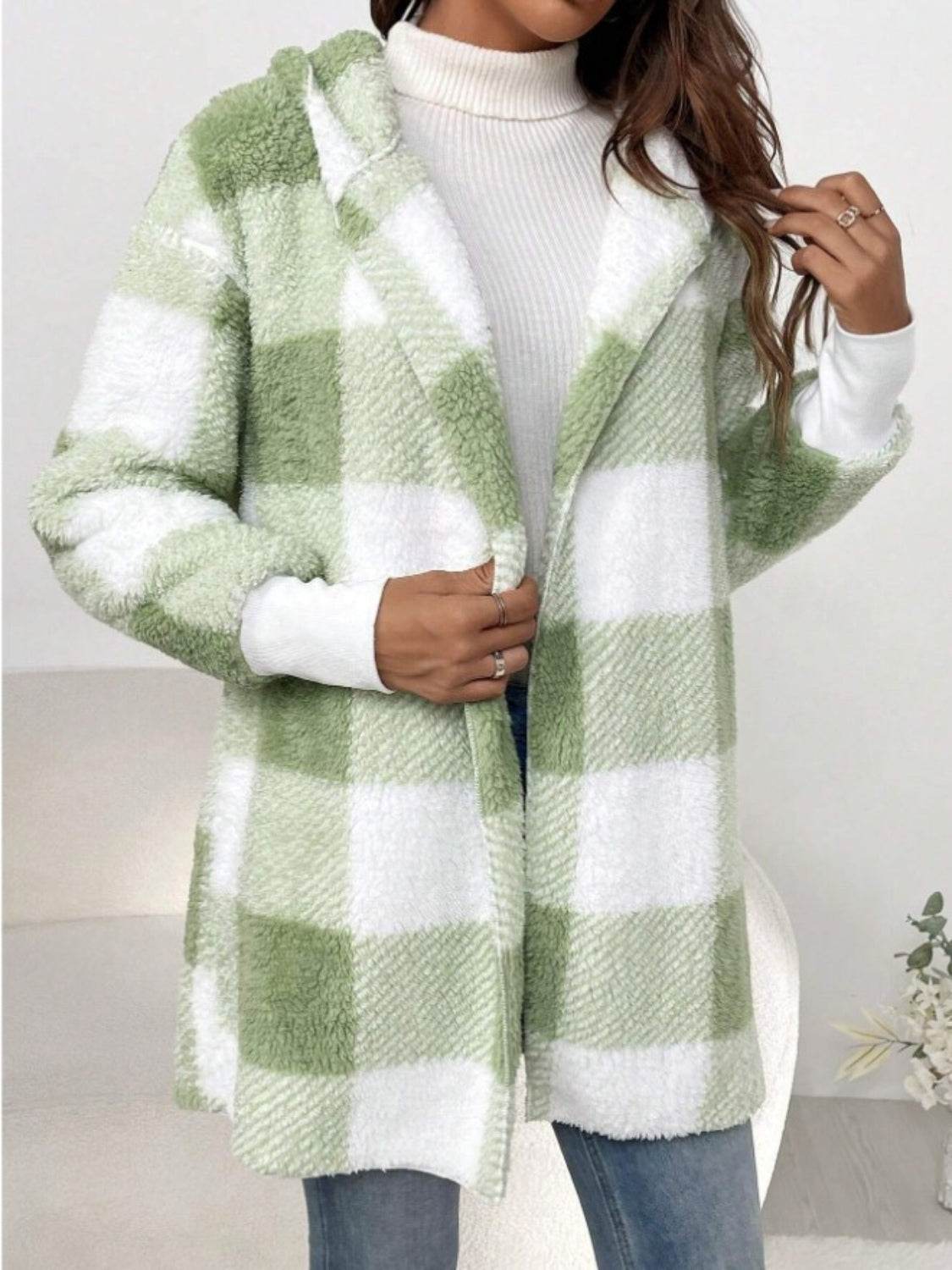 Plaid Long Sleeve Hooded Coat - Delanoir