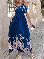 Printed Cold Shoulder Short Sleeve Maxi Dress - Delanoir