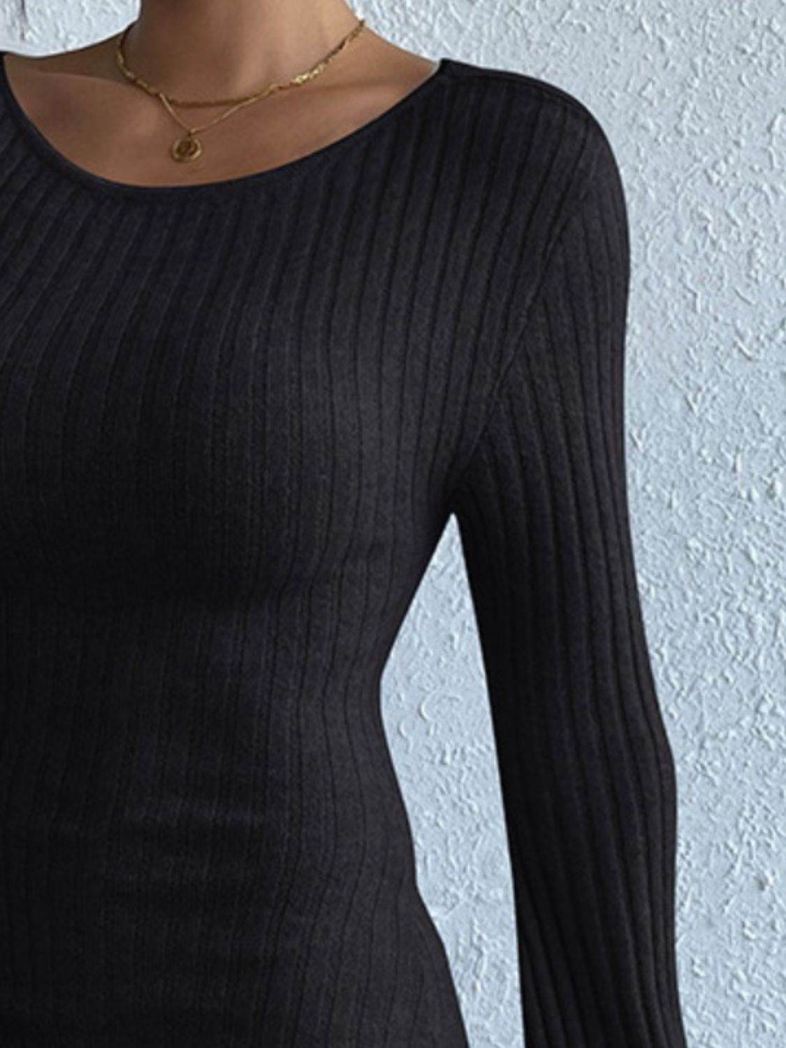 Backless Round Neck Long Sleeve Sweater Dress - Delanoir