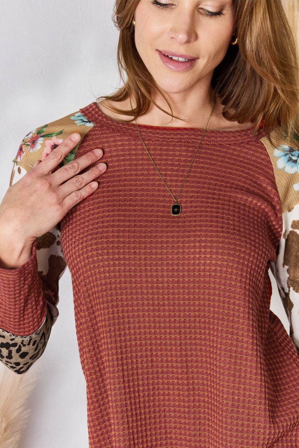 Hailey & Co Full Size Leopard Waffle-Knit Blouse - Delanoir