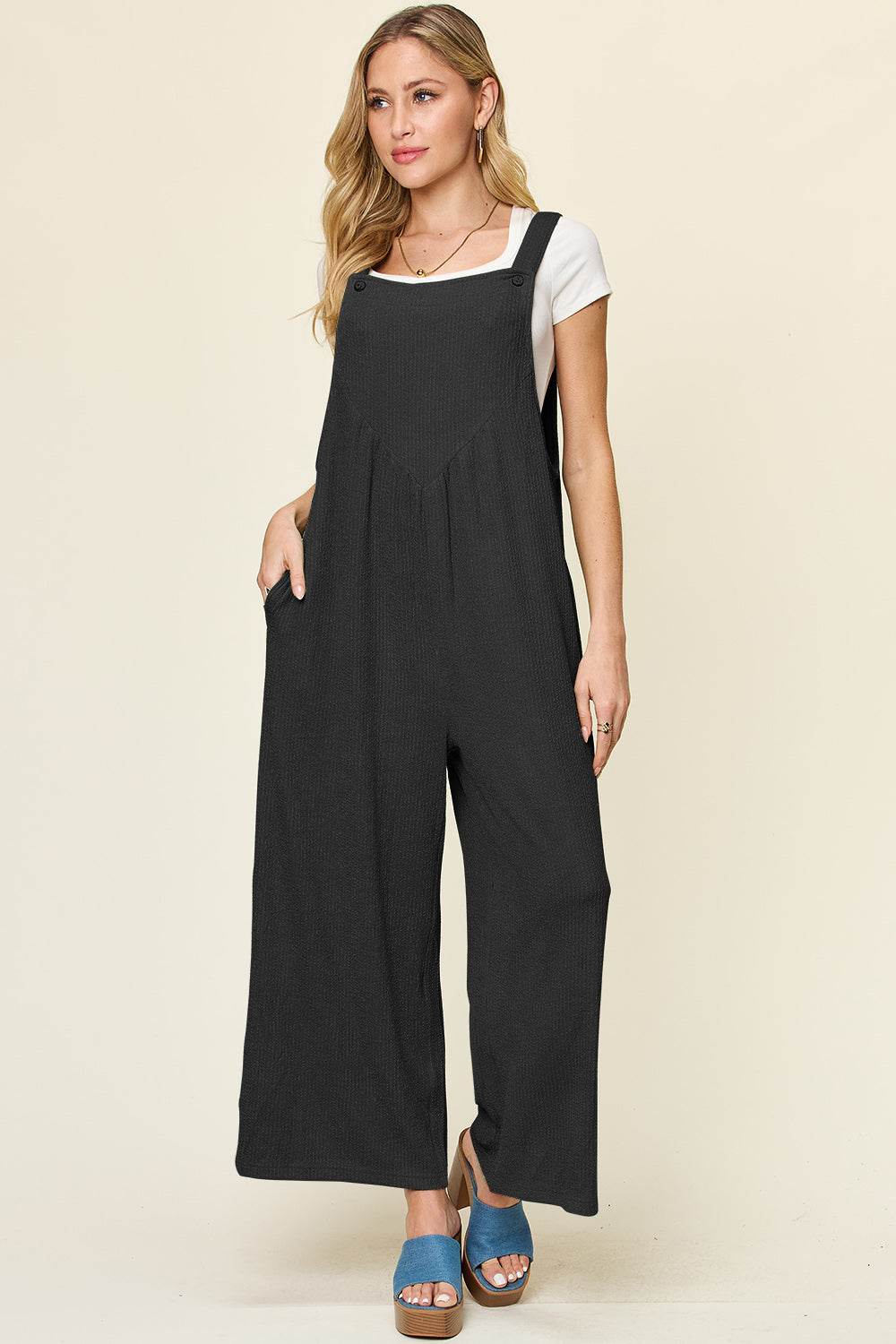 Double Take Full Size Texture Sleeveless Wide Leg Overall - Delanoir