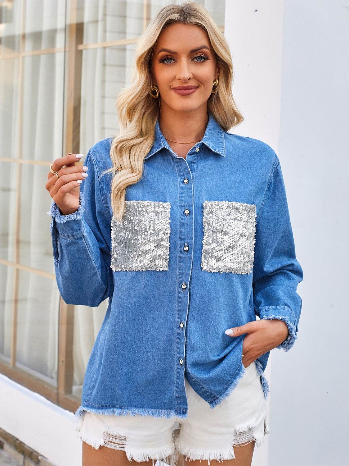 Raw Hem Button Up Long Sleeve Denim Jacket with Sequin Pockets - Delanoir